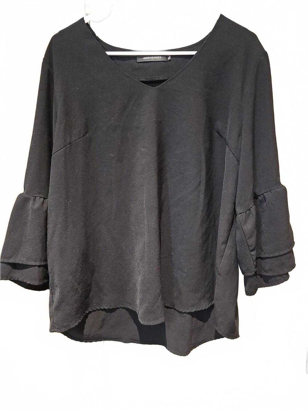 Merokeety Sz Xl Black Vneck Ruffle Sleeve Blouse